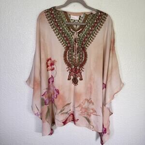 Belle Kim Gravel Top Womens 2X Boho Floral Caftan Kimono Tunic Blouse Resort XXL